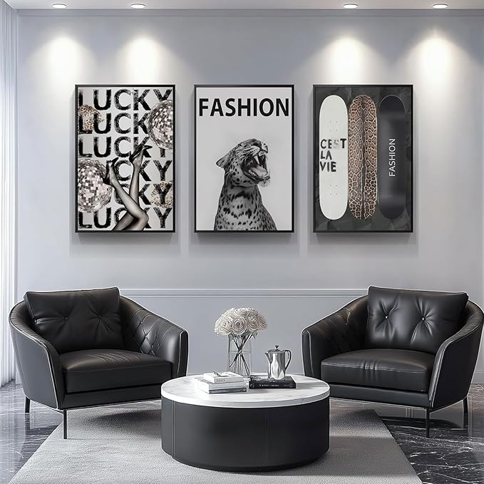 Trendy Leopard Wall Art Fashion Cheetah Lucky Skateboard Wall Decor Pictures Funky Vintage Preppy Luxury Aesthetic Posters Prints for Girly Bedroom Apartment Dorm Decoration Unframed 16x24in