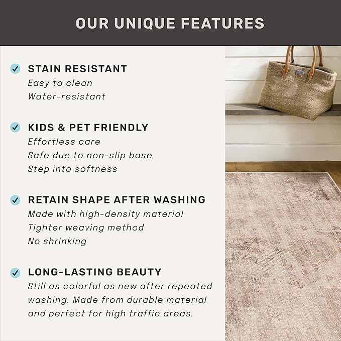 Hazo Haus Farmhouse Area Rugs for Living Room, 8x10 Washable Modern Abstract Rug for Bedroom, Dining Room Under Table & Home Office, Ultra-Soft Low Pile Design, Stain Resistant (Beige & Peach)