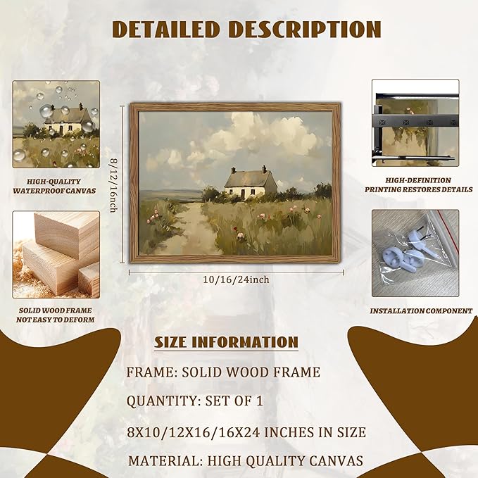 Vintage Wall Art, Framed English Countryside Cottage Painting Print, Country Farmhouse Canvas Wall Art, Rustic Landscape Pictures Artwork Wall Decor for Bedroom Living Room – 16x24 inch