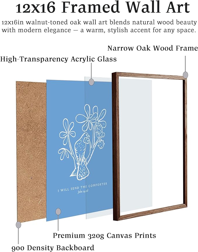 EcoHest Walnut Color OAK Wood Jesus Framed Wall Art, 12x16in John 14:16 I Will Send The Comforter Bible Verse Christian Wall Art, Blue Bedroom Decor For Living Room Bathroom Christian Gift 1Pack