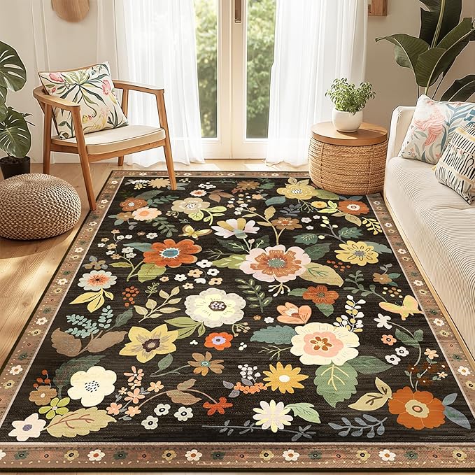 RELEANY Floral Nursery 5x7 Area Rugs Washable Print Boho Cute Carpet Non Slip Flower Low Pile for Living Room Kids Girls Playroom Bedroom Kitchen Office Farmhouse-Black/Yellow/Red