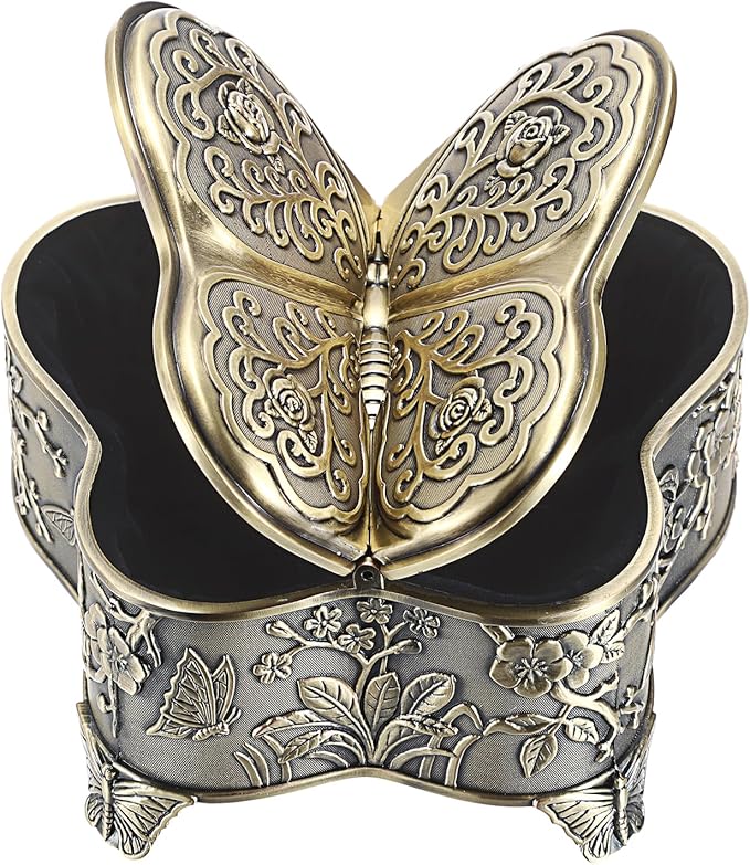 Hipiwe Antique Metal Jewelry Box Butterfly Shape Jewelry Storage Organizer Vintage Trinket Box Treasure Chest for Ring Earrings Necklace Decorative Keepsakes Box, Bronze, Large