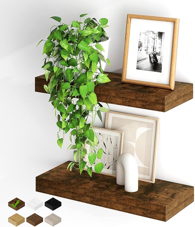 Fun Memories Floating Shelves for Wall, 20Inch Floating Shelves Set of 2, Hanging Shelf with Invisible Brackets, Wood Shelves for Living Room, Bedroom, Kitchen, Brown