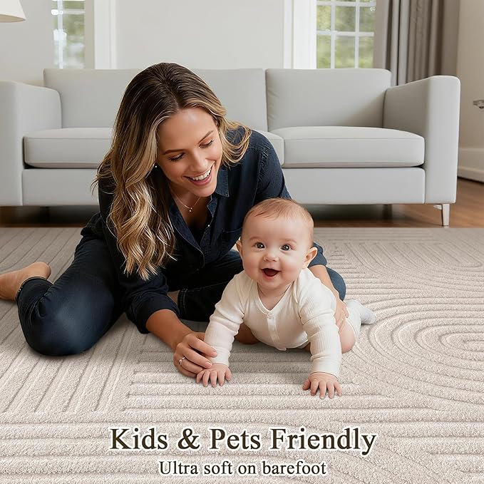 SHACOS Soft Cozy Fluffy Arch Rugs 4'x5'3" Non Slip Washable Modern Geometric Area Rug High Low Pile Stain Resistant Contemporary Carpet for Living Room Bedroom Dining Room, Beige
