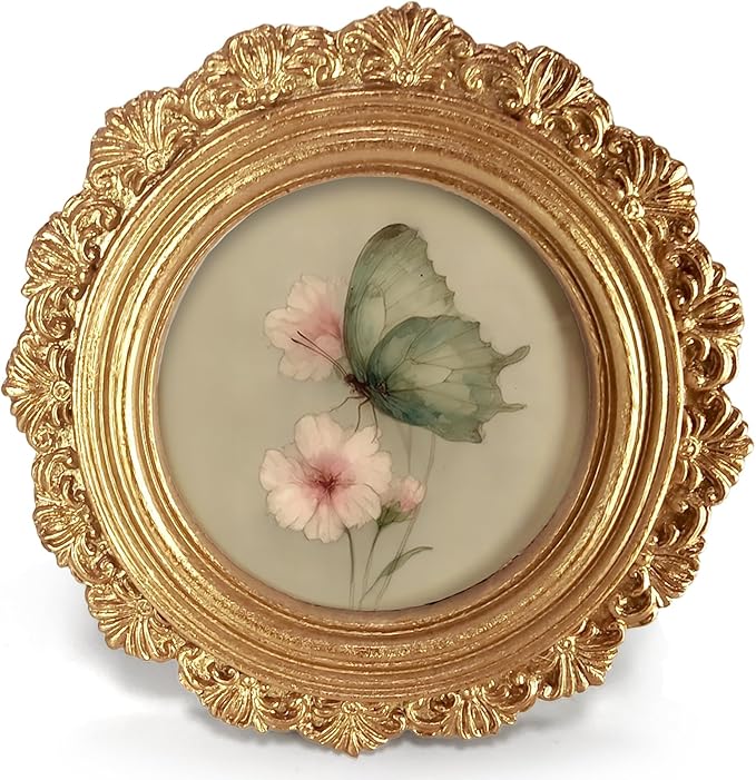 Small Vintage Butterfly Spring Round Picture Frame Wall Decor, Pink Flower Gold Mini Ornate Photo Frame for TableTop Desk 2.7in Photo, Rustic Framed Artwork for Walls Office Bedroom Shelf