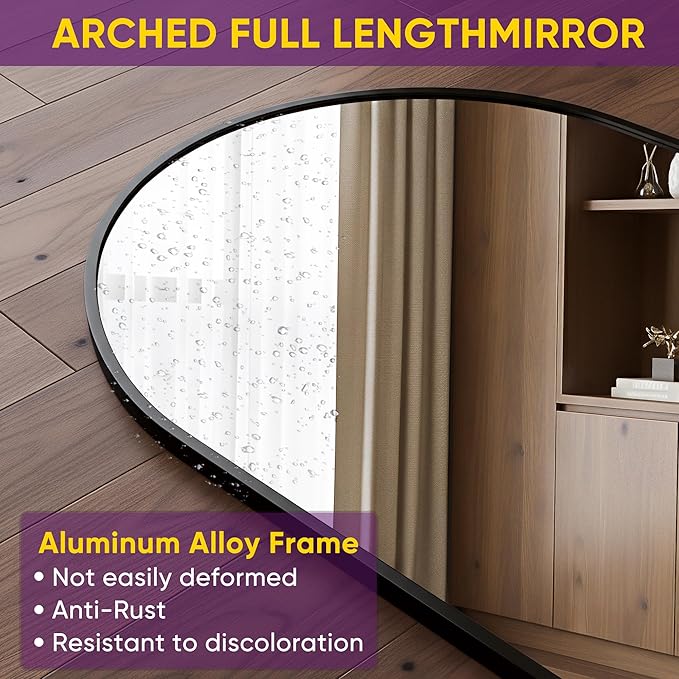 Full Length Mirror, 71"x27" Arched Floor Mirror Freestanding, Floor Standing Full Body Mirror with Stand for Bedroom, Hanging Mounted for Living Room Cloakroom, Black