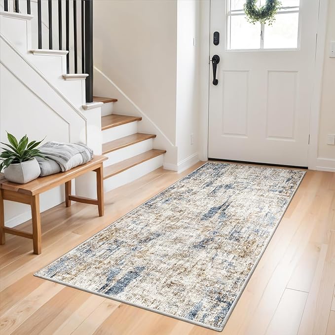 Washable 3x5 Entryway Rug - Non-Slip Soft Low-Pile Thin Small Area Rugs for Kitchen Bedroom Living Room Hallway – Modern Abstract Neutral Door mat Indoor（Blue Brown）