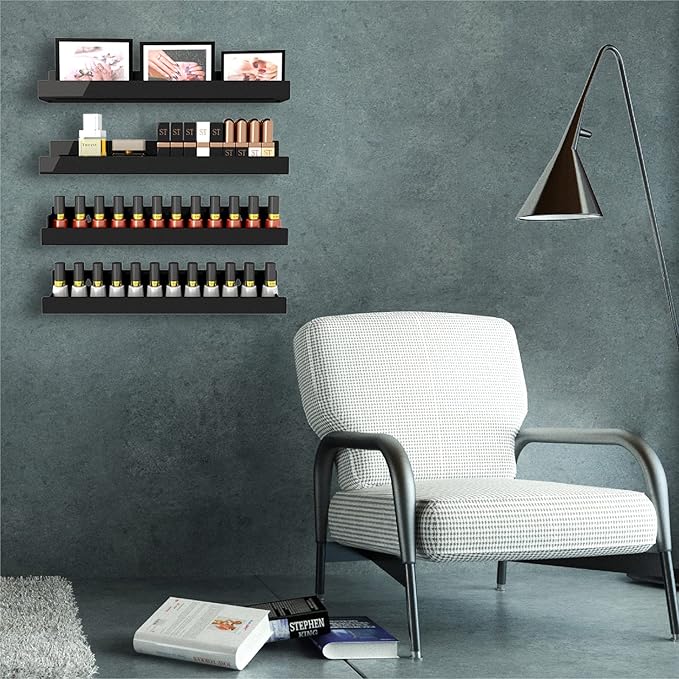 8 Pack 15 Inch Black Acrylic Shelves, Black Kids Floating Bookshelf for Kids Room, Modern Nail Polish Rack Sunglasses Essential Oil Picture Ledge Display Toy Storage Wall Shelf