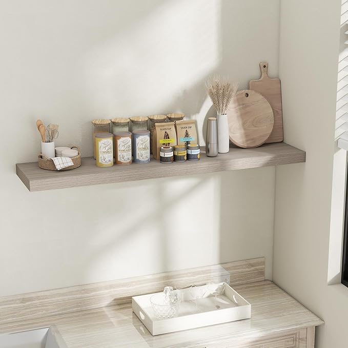 Fun Memories 55 Inch Fireplace Mantel Shelf, 12 Inch Deep Shelves for Display & Wall Storage, Rustic Wood Wall Shelf, Extra Long Floating Shelves for Bathroom Bedroom Living Room, Grey, 1 Pack