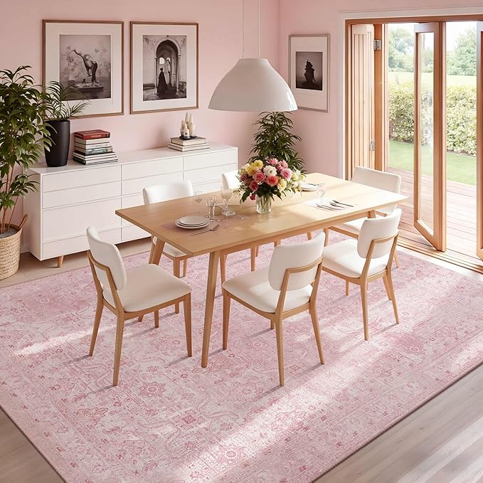Rugxara 6x9 Area Rugs for Living Room Bedroom, Pink Large Washable Neutral Rug, Vintage Floral Retro Boho Non Slip & Low Pile Carpet for Indoor Dining Room, Classroom, Dorm, Nursery and Kids Room