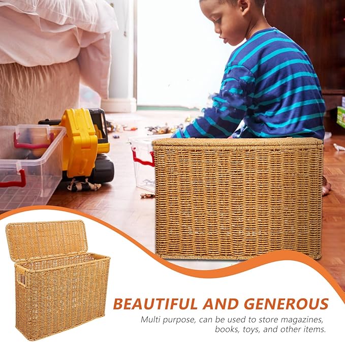 Woven Storage Basket with Lid and Handle 14.96X10.62X5.90In Portable Sundries Organizer for Toys Magazines Kitchen Storage and Home D Cor