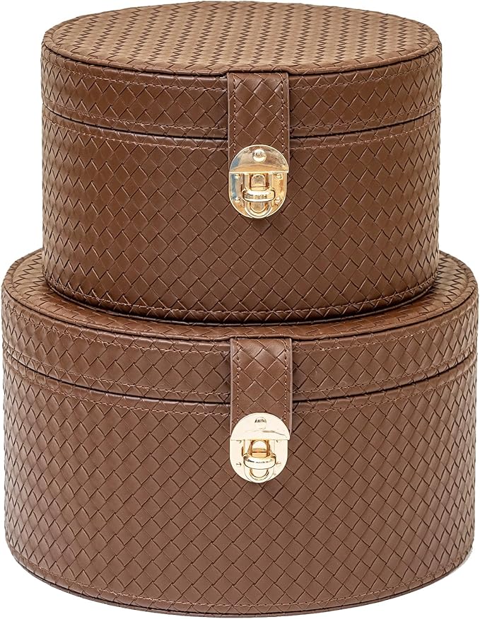 Large Leather Decorative Boxes Set of 2 Round Hat Box Bin Basket with Lid for Shelf Coffee Table Storage Remotes Modern Home Decor (brown)