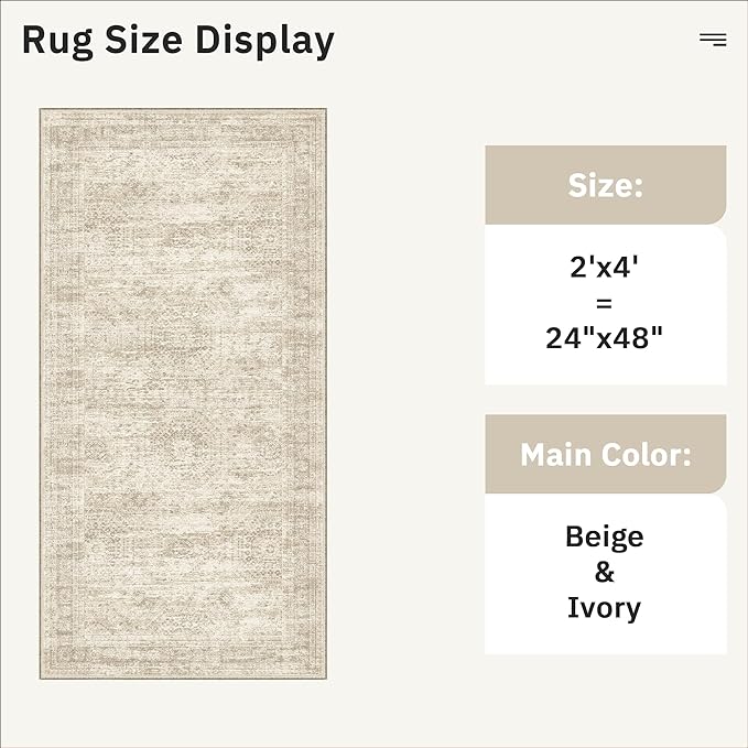 Soalmost 2x4 Washable Rugs for Kitchen, Floor, Entryway, Powder Room Small Area Rug Non-Slip Vintage Low Pile Throw Door Mat Beige