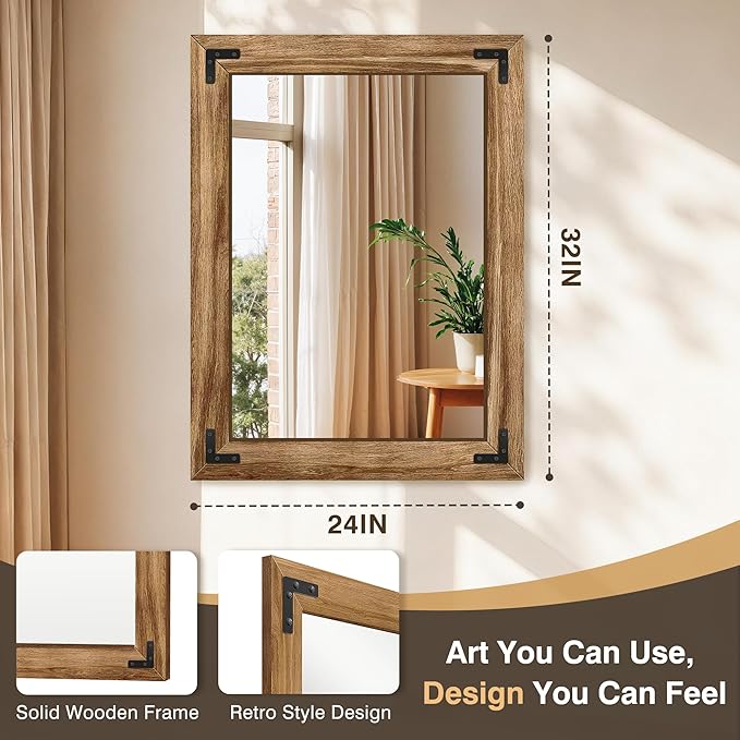 Wooden Bathroom Mirror for Wall, 32"x24" Solid Wood Frame Vanity Mirror, for Farmhouse, Bedroom, Living Room, Entryway Decor, Hangs Vertically or Horizontally