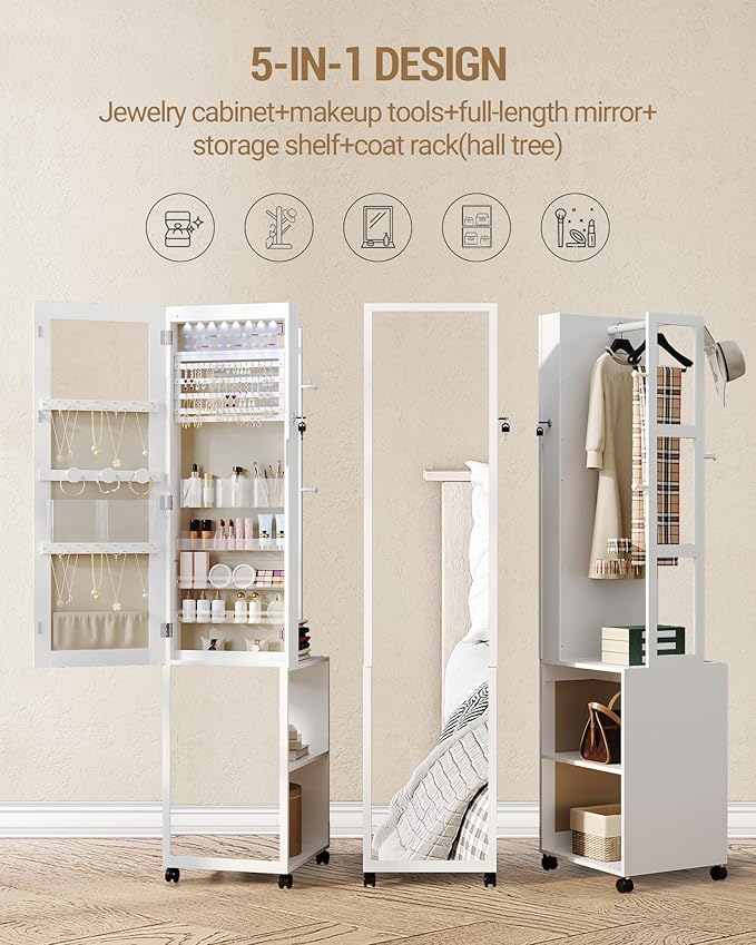 Hzuaneri 8 LEDs Jewelry Cabinet Armoire, 66.9-inch Jewelry Organizer with Garment Rack, Lockable Full-length Mirror with 4 Wheels, Storage Shelves with Hooks, 5-in-1, White and Beige JC17003BE