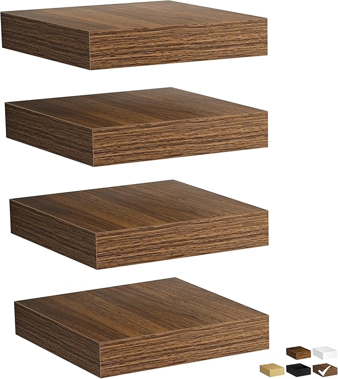 Fun Memories Rustic Wood Floating Shelves for Wall, Space-Saving Wall Mounted Shelves for Bathroom, Bedroom, Living Room and Kitchen, Stylish Storage & Display (Set of 4, Walnut, 8 in)