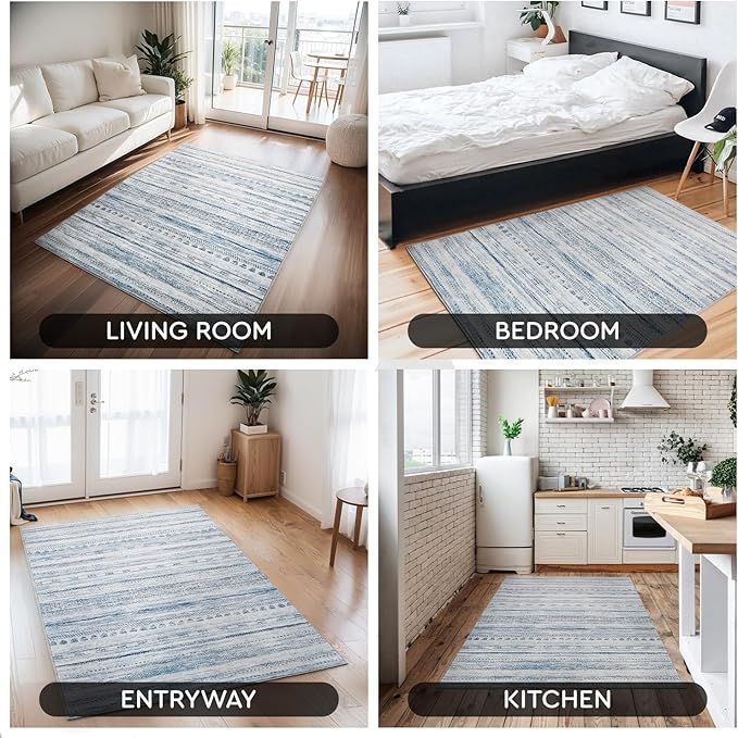 Small Area Rug-2x3 Entryway Rug Non Slip Washable Low Pile Indoor Door Mat Neutral Distressed Boho Moroccan Entrance Rugs Carpet for Bedroom Kitchen Powder Room Front Porch Bathroom, Blue