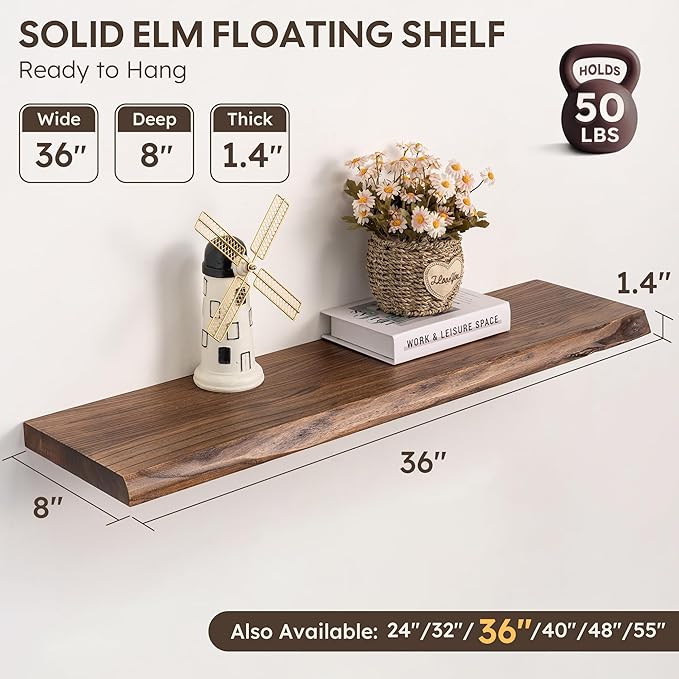 Live Edge Floating Shelves Set of 2, 36 Inch Solid Elm Wood Wall Shelves - Invisible Bracket Mount for Living Room, Bedroom, Kitchen, Bathroom | Vintage Rustic Decor