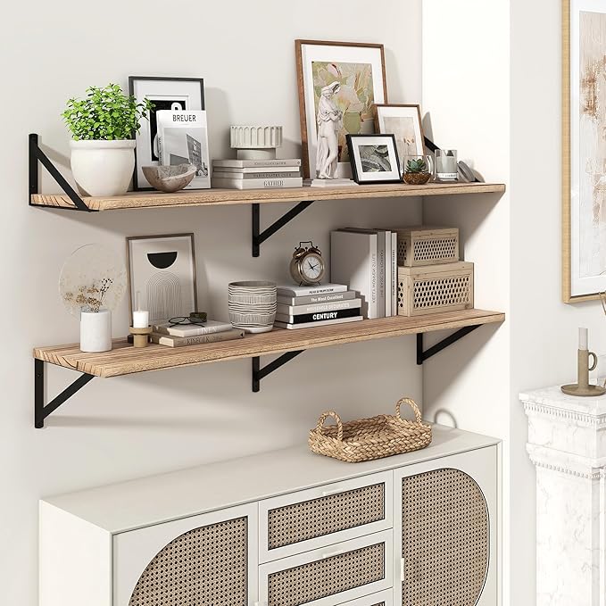 Marsmiles Deep Floating Shelves for Wall - 48 Inch Wide x 12 Inch Deep Wall Shelves Set of 2 - Rustic Wood Floating Shelves for Living Room Bedroom Bathroom