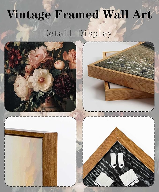 Framed Vintage Dark Floral Wall Art Moody Flower Picture Wall Decor Retro Antique Still Life Painting Print Artwork for Bedroom Bathroom Home Decoration 12x16in
