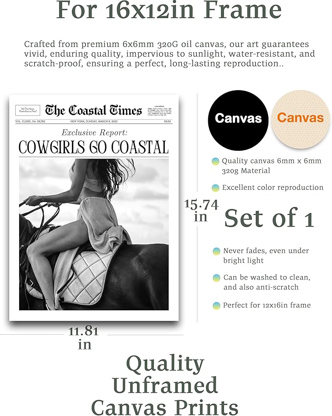 iHery Unframed Trendy Coastal Cowgirl NewsPaper Wall Art Prints,12x16in Black Canvas Wall Art Prints, New York News,Western Wall Art Vintage Bar Cart,Dorm Retro Surfing for Living Home Décor 1Pack
