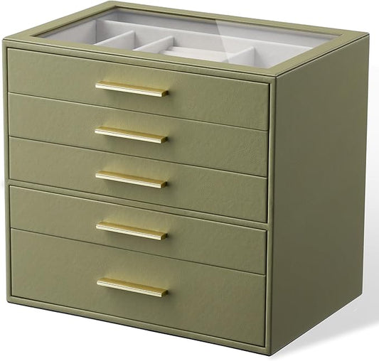 Jewelry Box Organizer Case for Women: 5-Layer Jewelry Storage Case with Glass Window, Olive Green Leather with Cream Velvet, Holder for Ring Necklace Bracelet Brooch Watch, Great Gift for Her