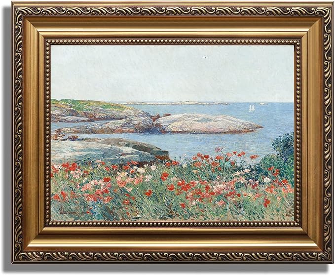 KBKBART Vintage Framed Wall Art for Living Room, Vintage French Coastal SeaScape Canvas Art Prints Farmhouse Decor, Country Wildflower Landscape Painting, Gold Framed Spring Flower Wall Art for Bathroom Bedroom Gallery, 9"x12"