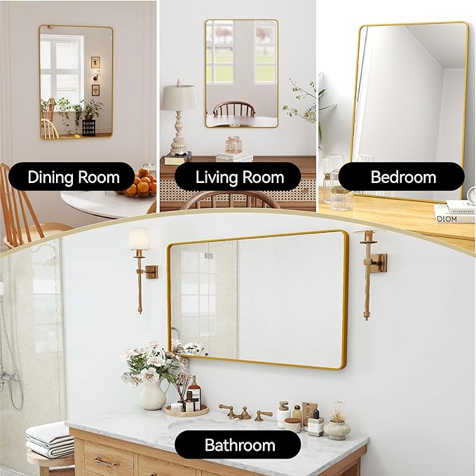 SCWF-GZ 24x36 Vanity Mirror Full Length Wall Mounted Aluminum Alloy Metal Frame Dressing Round Rectangle Mirrors for Entryway Bedroom Bathroom Living Room Horizontally or Vertically 36x24 inch Gold