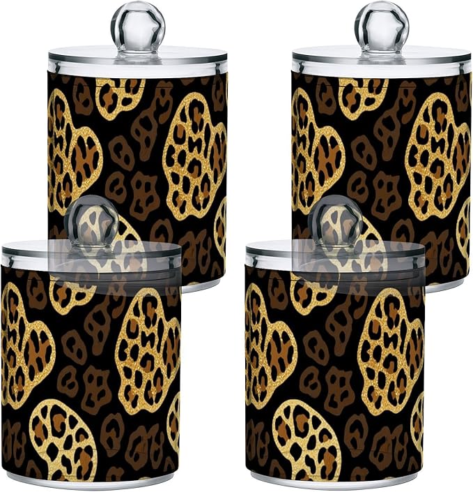 2 Pack Apothecary Jars Irregular Leopard Print Pattern Bathroom Vanity Storage Organizer Set,Small Clear Plastic Storage Jars Bathroom Canister for Cotton Swabs, Rounds, Balls, Qtips,Makeup Spo