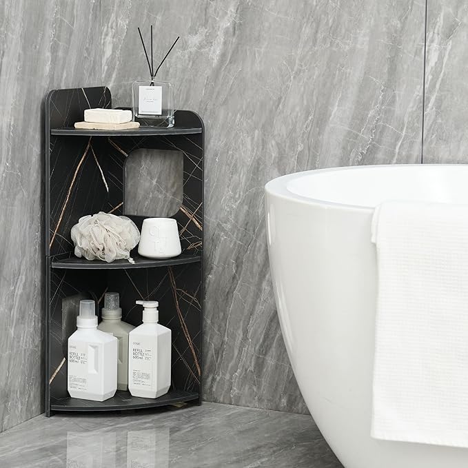 Black 3-Tier Small Corner Shelf Stand, Waterproof Bathroom Storage, Toilet Paper Storage, Corner Table for Small Spaces (Black)