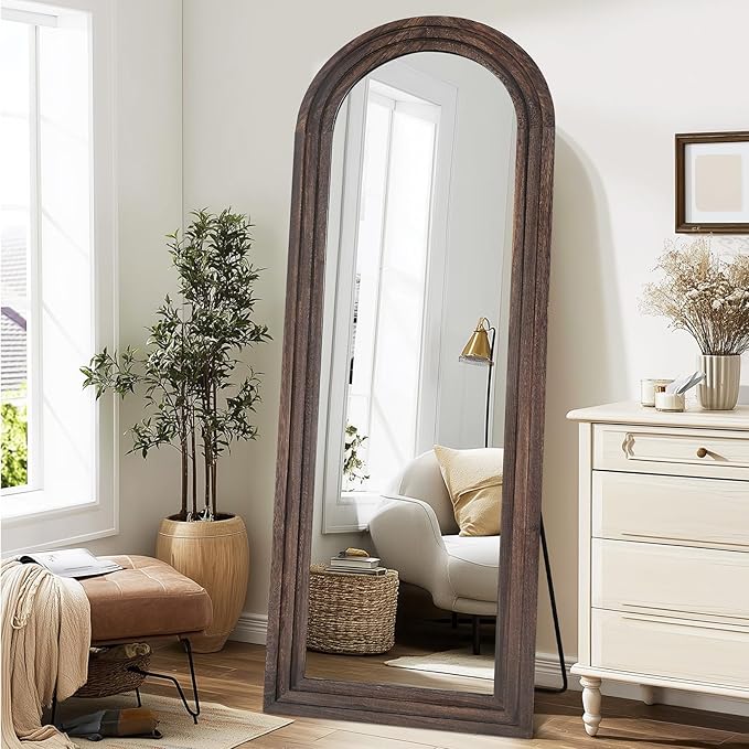 65"x22" Arched Floor Mirror, Solid Wood Full Length Mirror - Free Standing & Wall Mounted - Elegant Design for Bedroom, Dressing Room, Hallway, Brown