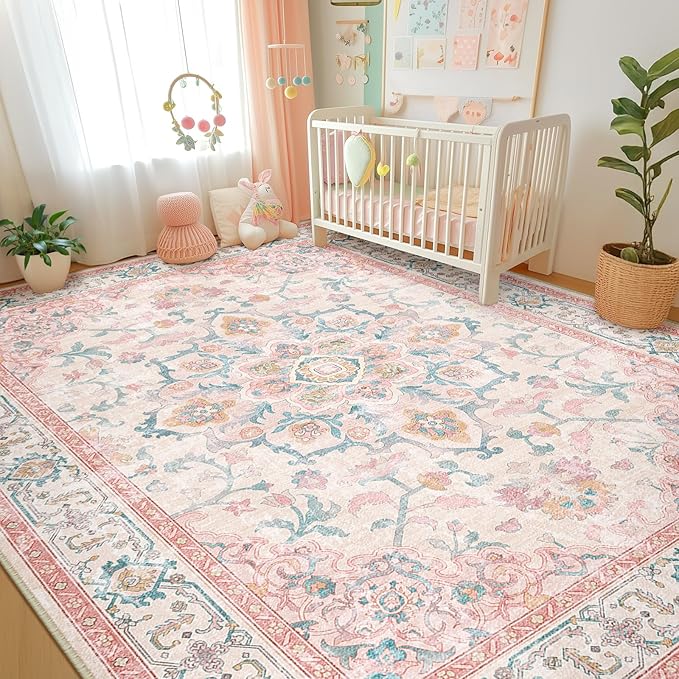 CAPALOCA Machine Washable Rugs Nursery Rug 8x10 Cute Girl Non Slip Low Pile Water Repellent Soft Print Pattern for Bedroom Indoor Decor Kids Playroom Pink Teal