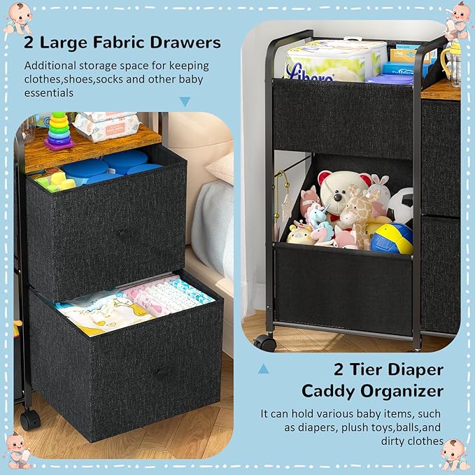 Baby Diaper Caddy Organizer Cart with Wheels, Rolling Cart with Dividers and Drawers, Mobile Utility Cart Bedside for Nursery, Bedroom, Baby Newborn Essentials Storage Cart, Black