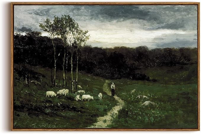 OIQArtOIQ Framed Vintage Landscape Wall Art Shepherd Natural Scenery Oil Painting Canvas Prints Country Farmhouse Aesthetic Fall Decor Pictures for Kitchen Bedroom Living Room Bathroom