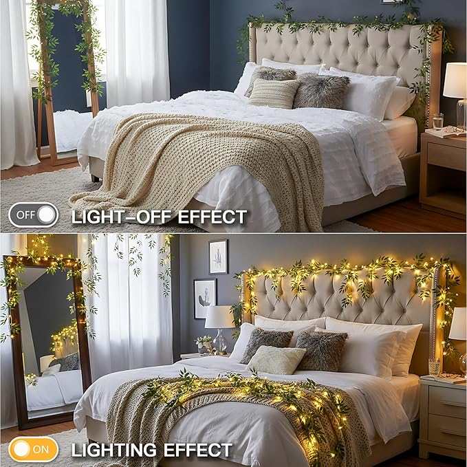 suddus Willow Vine with Fairy Lights Battery Operated, 12ft 40 LED Artificial Plants Lights with Remote, Hanging String Lights for Bedroom, Wall, Garden, Party, Wedding Decor (Warm White)