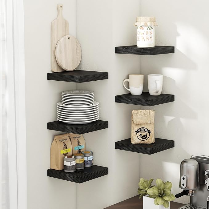 8 Inch Floating Shelves for Wall with Invisible Brackets Set of 3, 8"D Engineered Wood Wall Shelves with Wood Grain for Living Room, Bedroom, Bathroom, Kitchen Decor and Storage, Black Finish