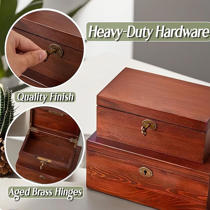 Wooden Box with Hinged Lid - 2 Pack - Vintage Decorative & Lockable Chest - for Keepsakes, Valuables, Accessories, Treasured Items - Walnut-Like Wood Finish, Aged Brass Hinges & Antique Lock