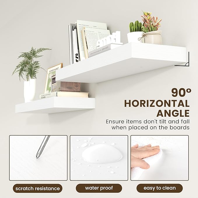 FLYJOE 12 Inch Deep Floating Shelves | 36 Inch White Floating Shelves | 36" W x 12" D Rustic Wood Shelves for Wall | Deep White Shelves for Living Room Bathroom Laundry Room Kitchen