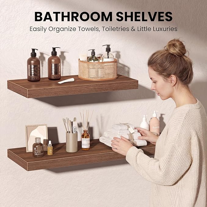 12 Inch Deep Floating Shelves, 60W x 12D Floating Shelf for Books, Rustic Wood Deep Wall Shelves for Home Storage & Display, 1.5" Thicked Shelves for Kitchen, Living Room, Bedroom, Walnut, 1 Pack