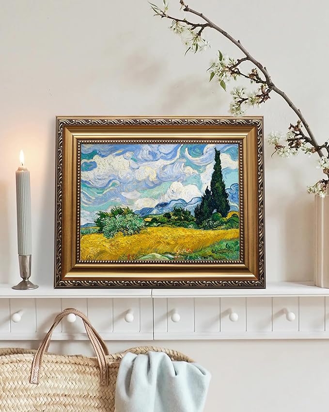 KBKBART Gold Framed Van Gogh Wall Art, Vintage Abstract Wheat Field with Cypress Canvas Impressionist Oil Painting, Farmhouse Country Landscape Wall Decor, Van Gogh Famous Artist Poster for Room Aesthetic, Vintage Art Prints for Bedroom Living Room, Ga...
