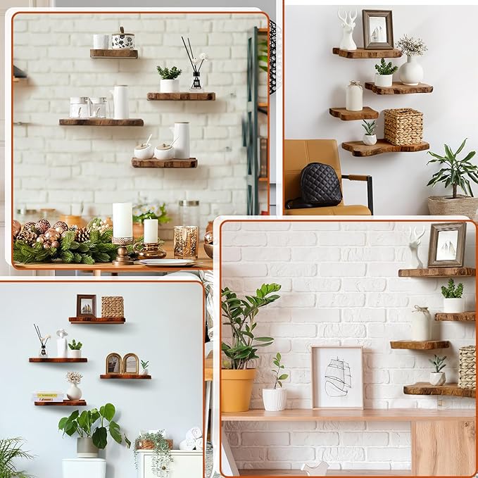 Pinkunn 4 Pcs Floating Shelves for Wall Wooden Live Edge Shelf Wall-Mounted Natural Solid Wood Bedroom Kitchen Storage Living Room Nursery Decor (15.8/11.8/7.9 Inch)