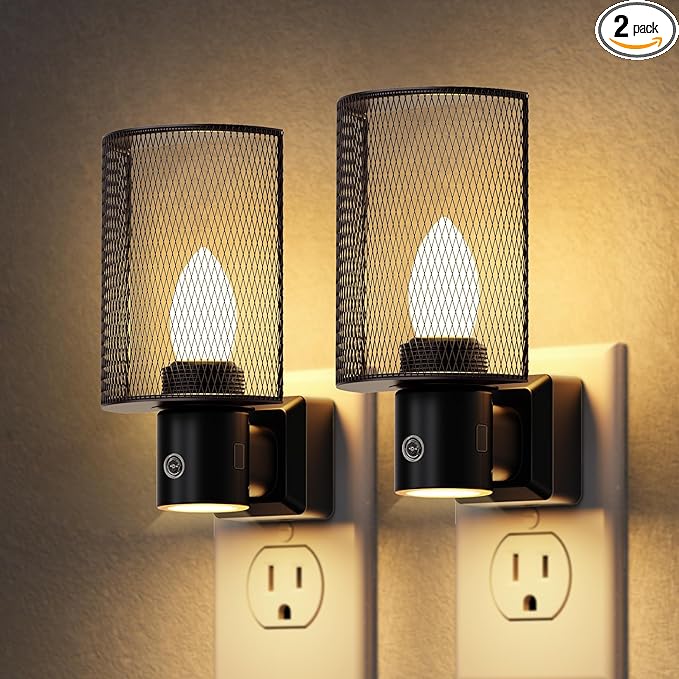 DORESshop LED Night Light Plug in, [2 pack] Night Lights Plug into Wall, Dusk-to-Dawn Sensor, Vintage Farmhouse Decor, 3 Level Brightness Adjustable, Dimmable Nightlights for Adults, Bathroom, Hallway