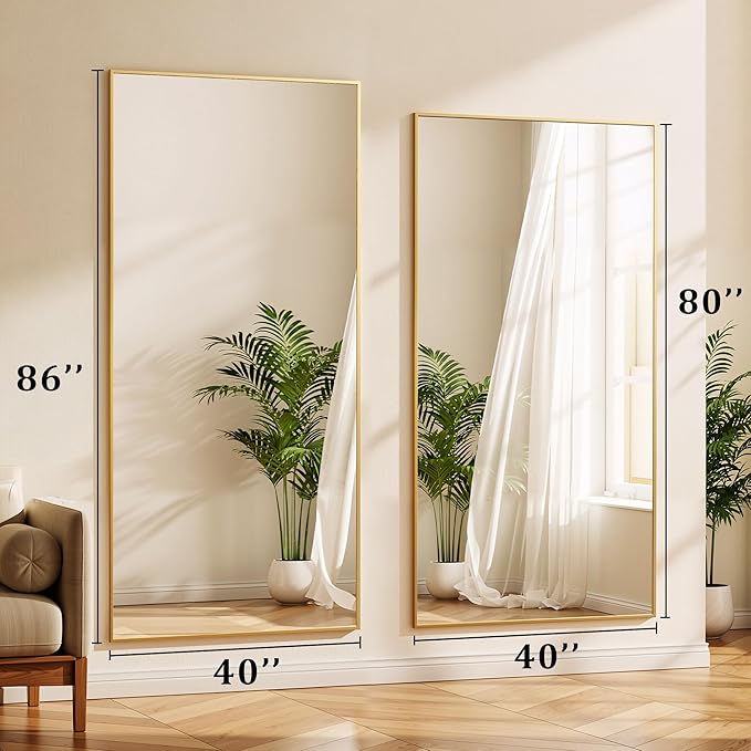 BEAUTYPEAK 86"x40" Rectangle Full Body Floor Mirrors, Full Length Mirror with Stand, Large Gold Mirror for Bedroom, Dressing Room, Leaning, Standing or Hanging Horizontally/Vertically