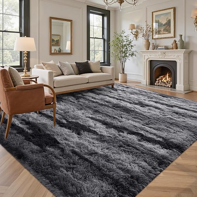 Area Rugs for Living Room 8x10 Feet, Soft Fluffy Shagg Plush Bedroom Rug Non-Slip,Large Carpet for Nursery Kids Dorm Home Decor Black and Silver