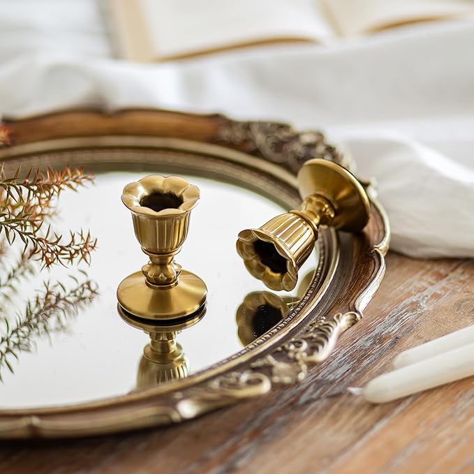 Vintage Candlestick Candle Holders Brass - Romadedi Taper Gold Candle Stick Victorian Style for Table Centerpiece Wedding Reception Festive Christmas Mantel Decoration or Home Decor Set of 12
