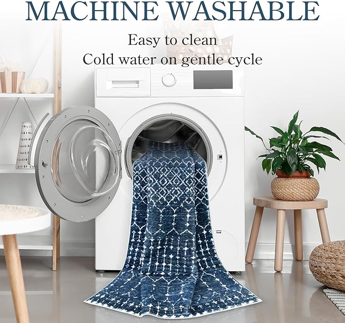Lahome Moroccan Extra Long Runner Rugs for Hallways, 2.5x12 Rug Runner Washable Ultra-Thin Carpet Non Slip, Faux Wool Soft Modern Floor Print Mat for Entryway Stair (Blue, 2'5''x12') Hana