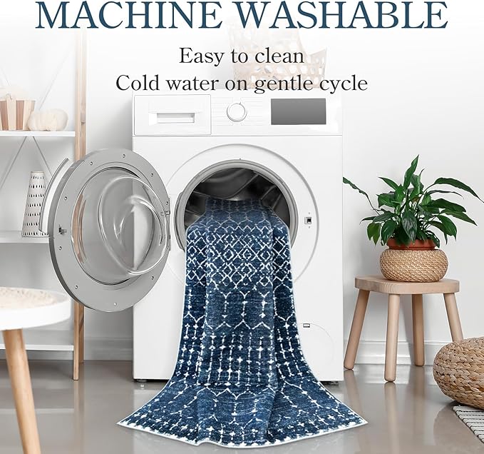 Lahome Moroccan Indoor Rugs for Entryway 2x3 Area Rug Non-Slip Backing Washable Inside Door Mats Low-Profile Throw Soft Rugs for Bathroom, Geometric Print Distressed Blue Rug for Kitchen Bedside Hana