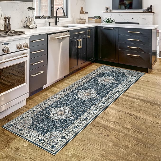 Goideal Washable Runner Rug 2x6, Vintage Rugs Non Slip, Indoor Low Pile Carpet with Rubber Backing for Kitchen Bathroom Entryway Office Bedroom,Black & White