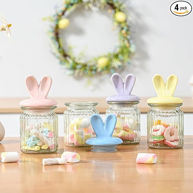 FESTGLOX Glass Easter Candy Jars with Ceramic Bunny Ear Lids, 4Pcs Sealing Bunny Jars in Pastel Colors for Storage, Mini Eggs, Cookies, Tray, Table Centerpiece, Kitchen, Home Spring Decor
