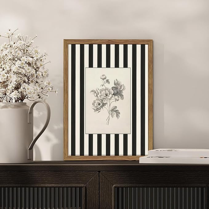 Framed Vintage Floral Wall Art, Black and White Stripes Flower Canvas Wall Decor Paintings, Minimalist Botanical Artwork Print Picture for Living Room Bedroom Bathroom 16x24 Inch